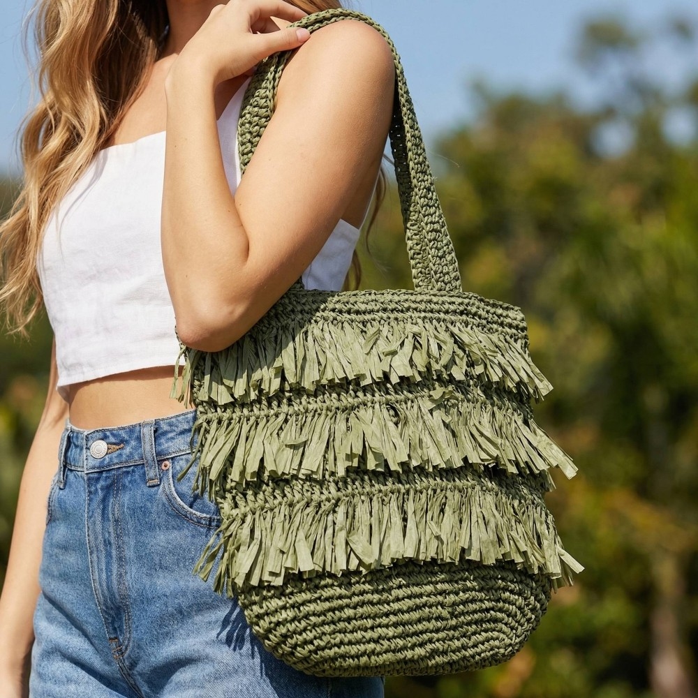 Straw Braided Raffia Fringe Tote Bag