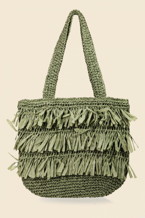 Straw Braided Raffia Fringe Tote Bag