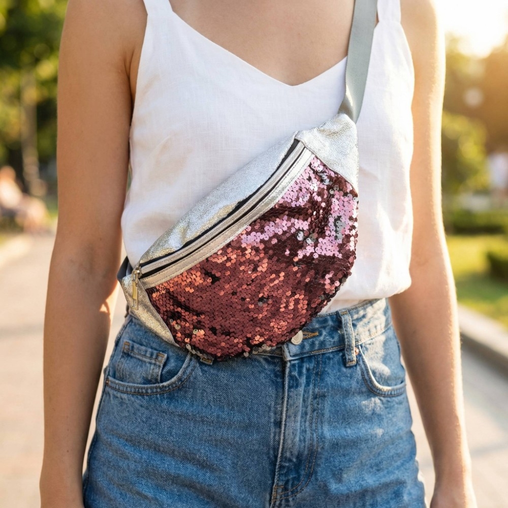 Sequin Front Single Zipper Fanny Pack