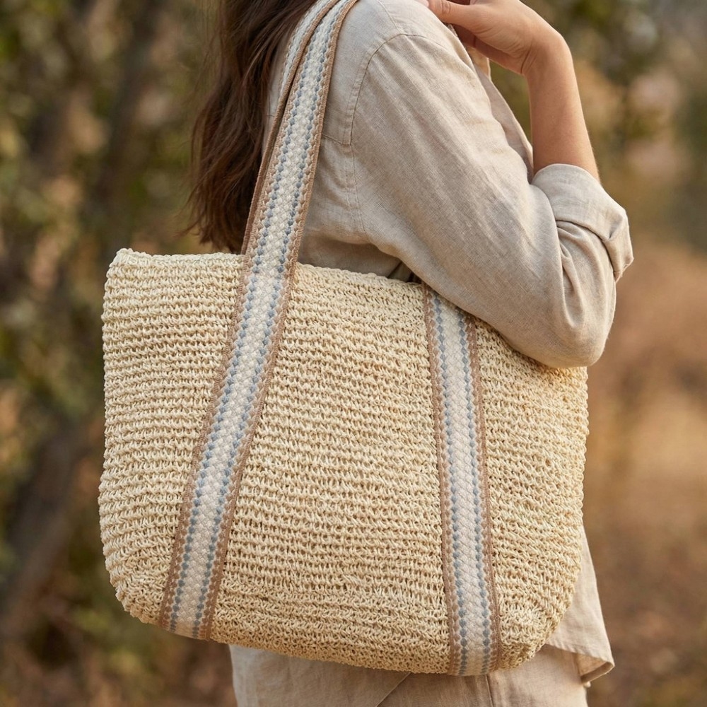 Embroidered Strap Straw Knit Tote Bag