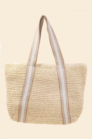 Embroidered Strap Straw Knit Tote Bag