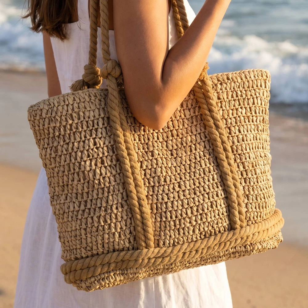 Open Weave Straw Tote Bag With Rope Handles
