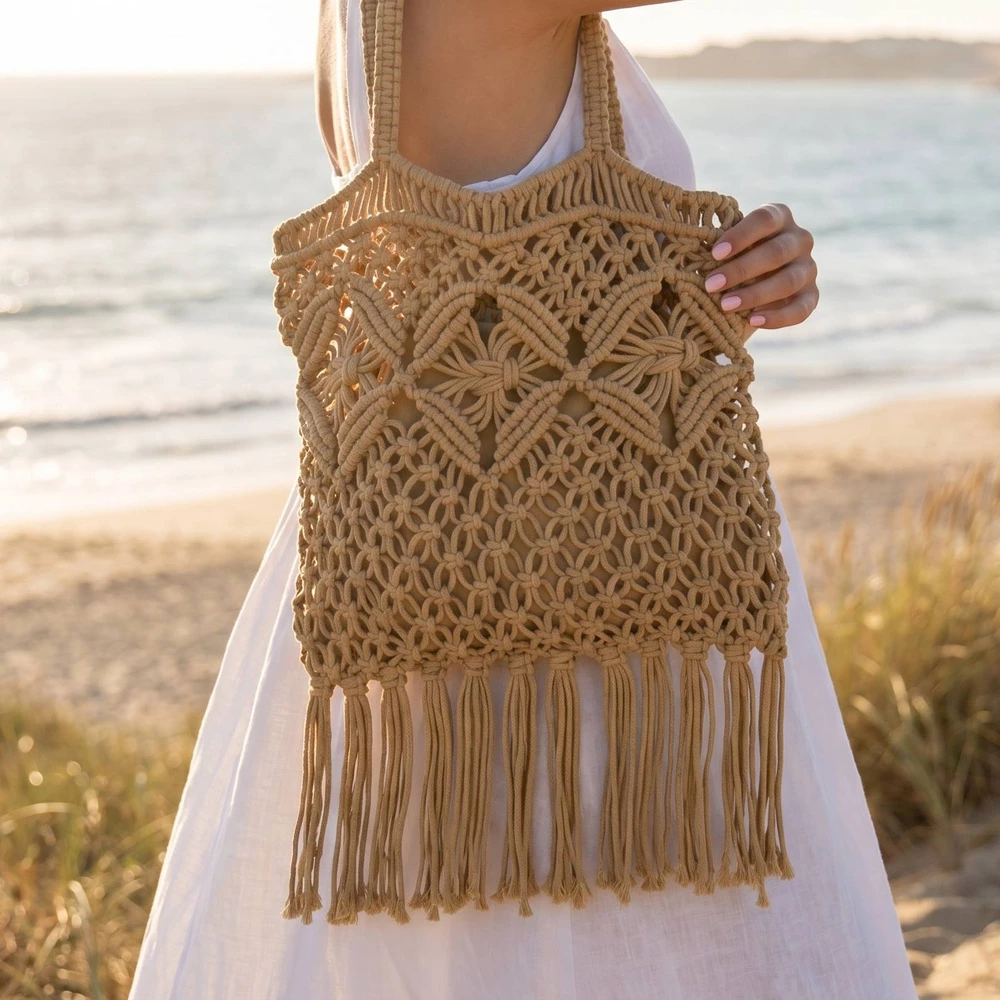 Macrame Fringe Handbag With Wood Bead Handle