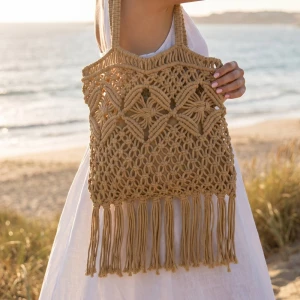 Macrame Fringe Handbag With Wood Bead Handle