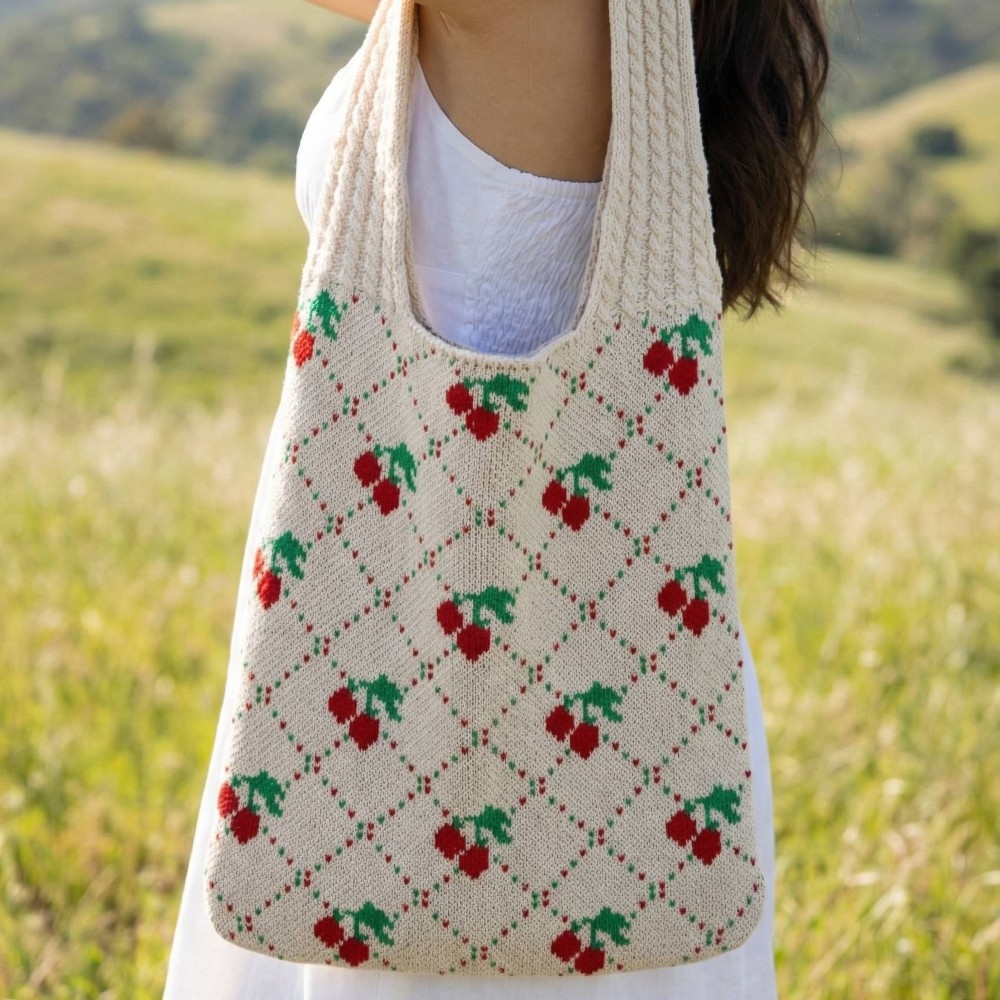 Cherry Pattern Crochet Knit Tote Bag