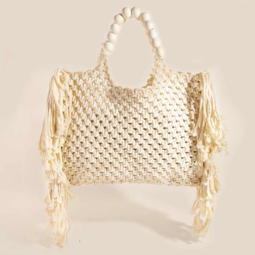 Wooden Beaded Handle Braided Tote Bag