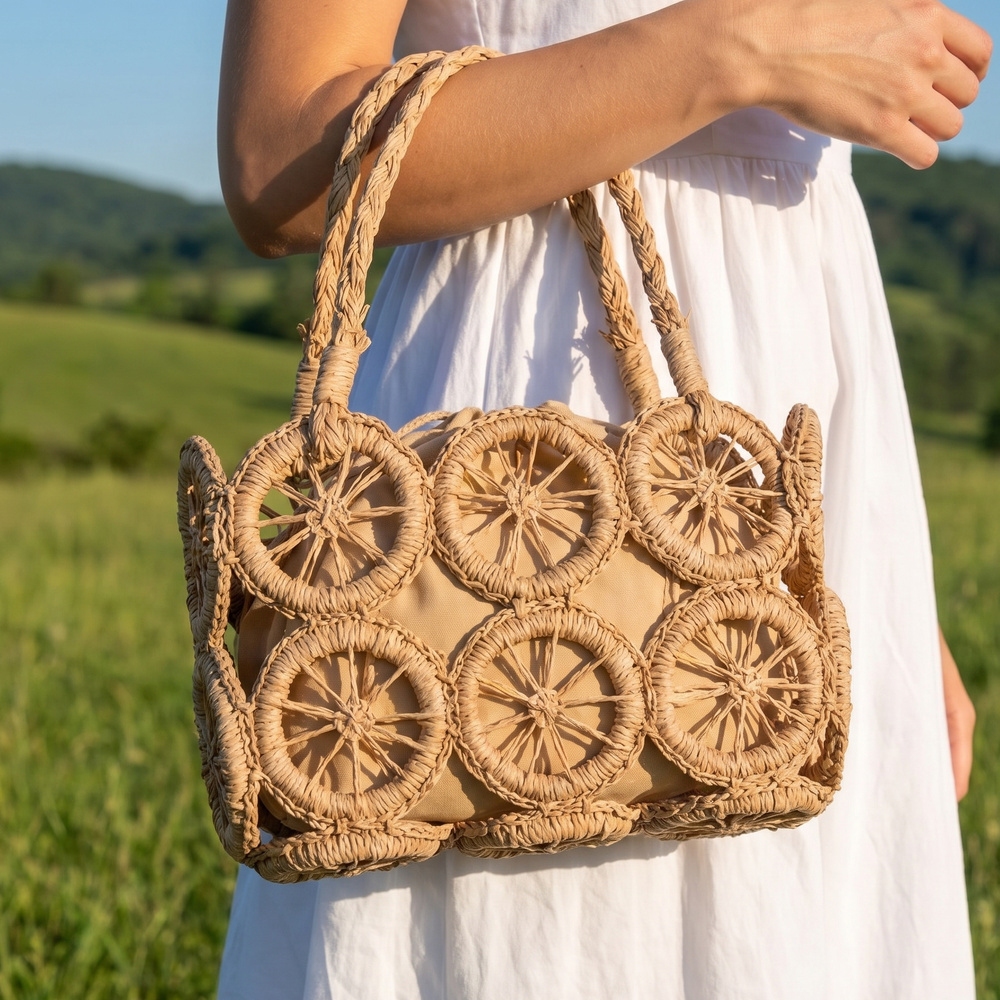 Woven Rattan Circle Panel Mini Crossbody Bag