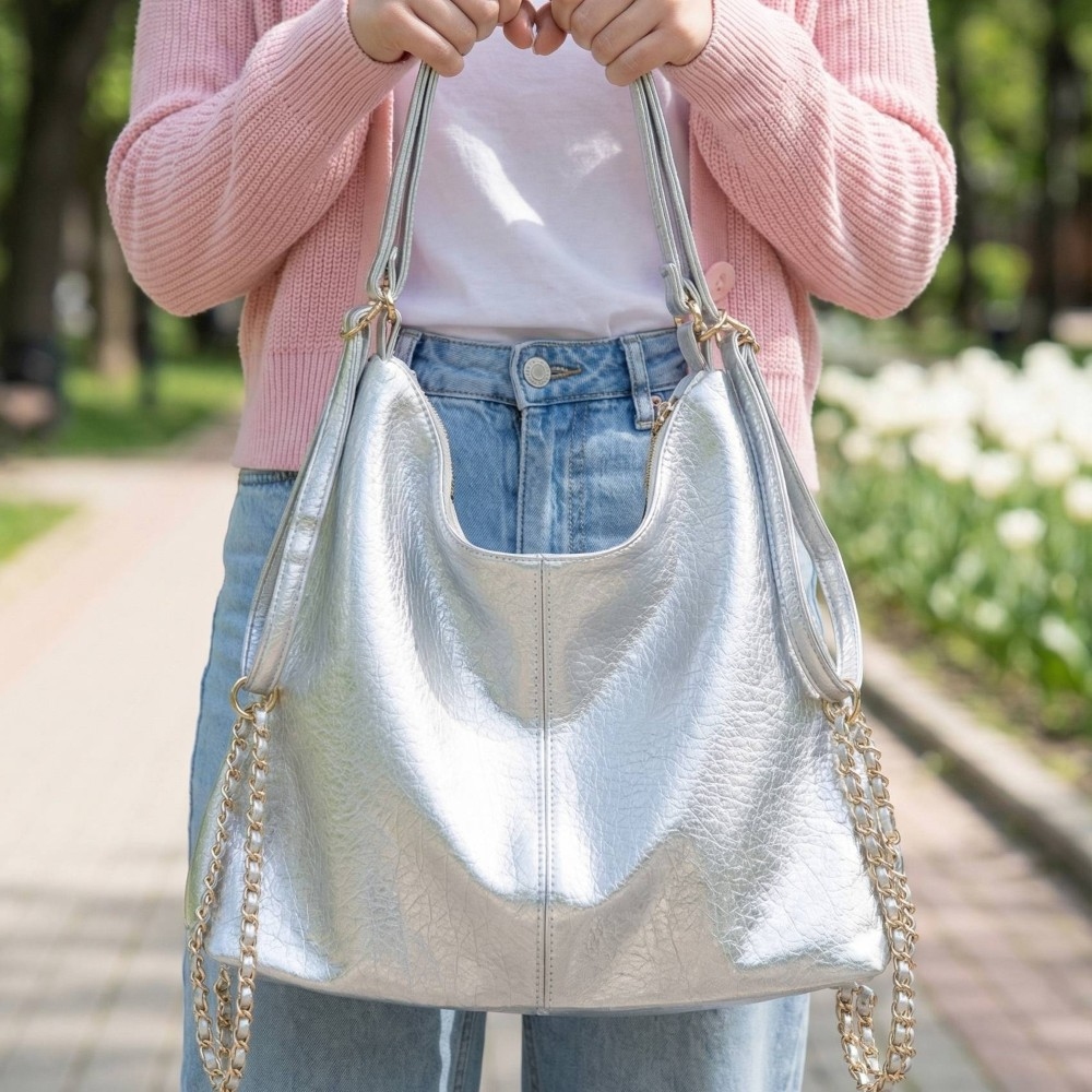 Vegan Leather Chain Decor Shoulder Bag