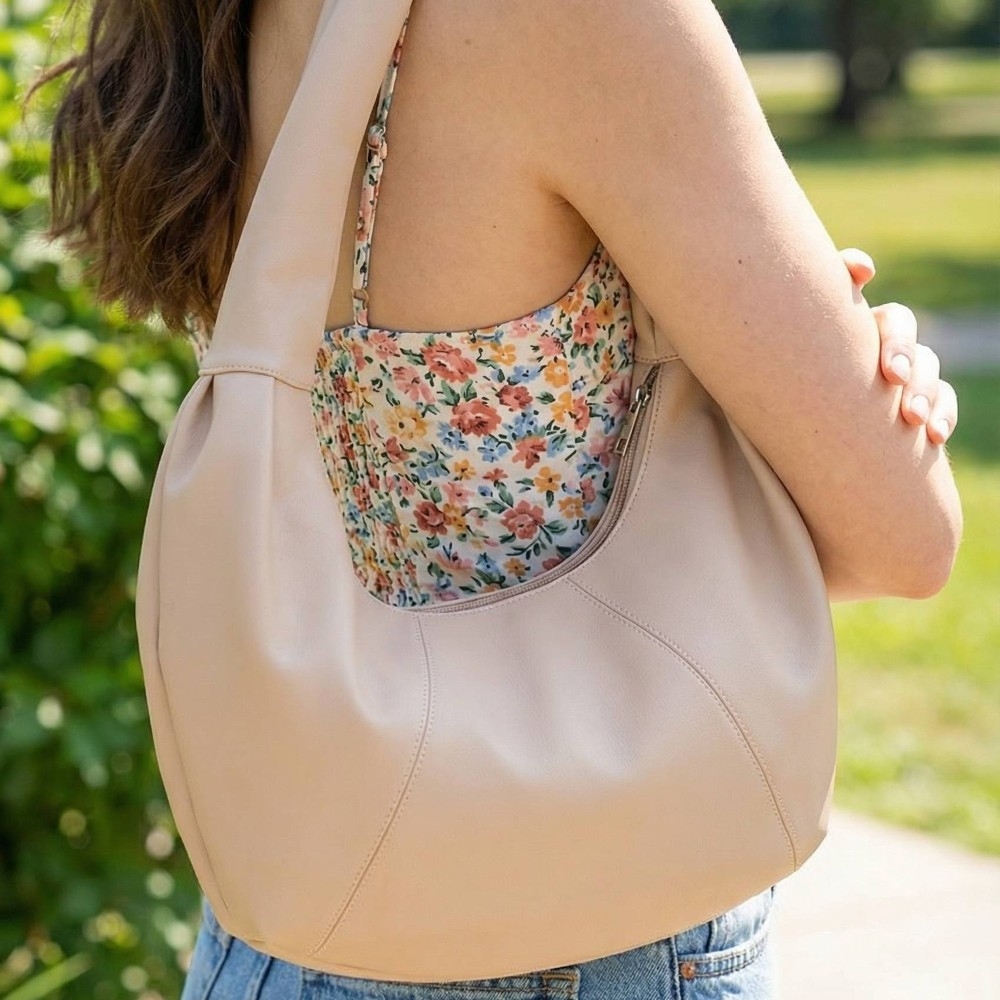 Panel Stitch Crescent Faux Leather Shoulder Bag