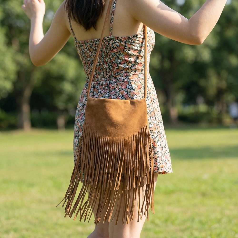 Faux Suede Long Fringe Rectangle Hand Bag