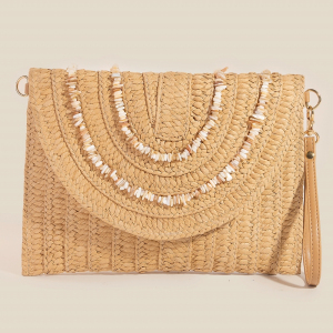 Shell Beaded Accent Paper Woven Envelope Clutch Bag