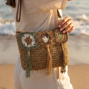 Crochet Granny Square Tassel Straw Clutch Wristlet
