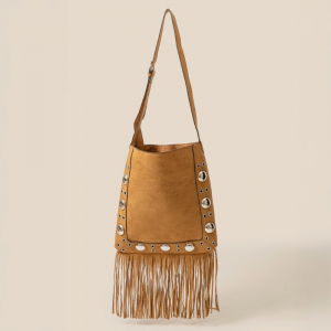 Suede Grommet Accent Fringe Tote Bag