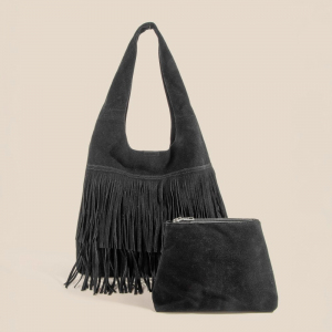 Layered Fringe Detail Suede Hobo Bag