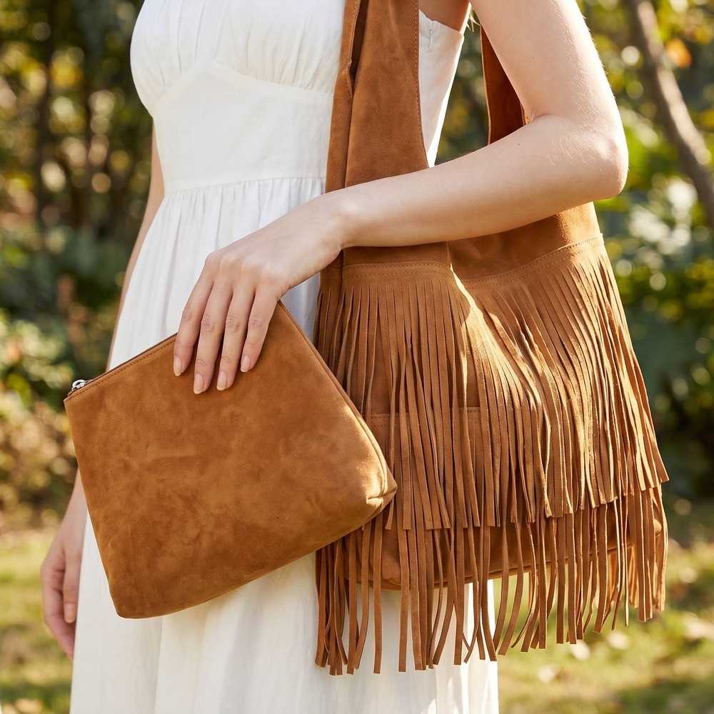 Suede Fringe Hobo Bag With Inner Zip Pouch