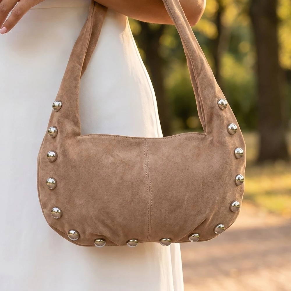 Metallic Sphere Studded Soft Hobo Shoulder Bag