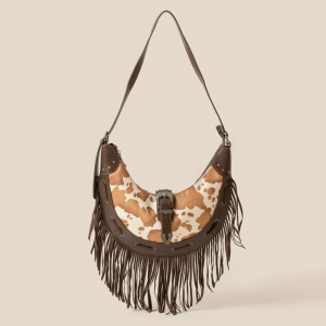 Cow Print Leather Fringe Hobo Bag