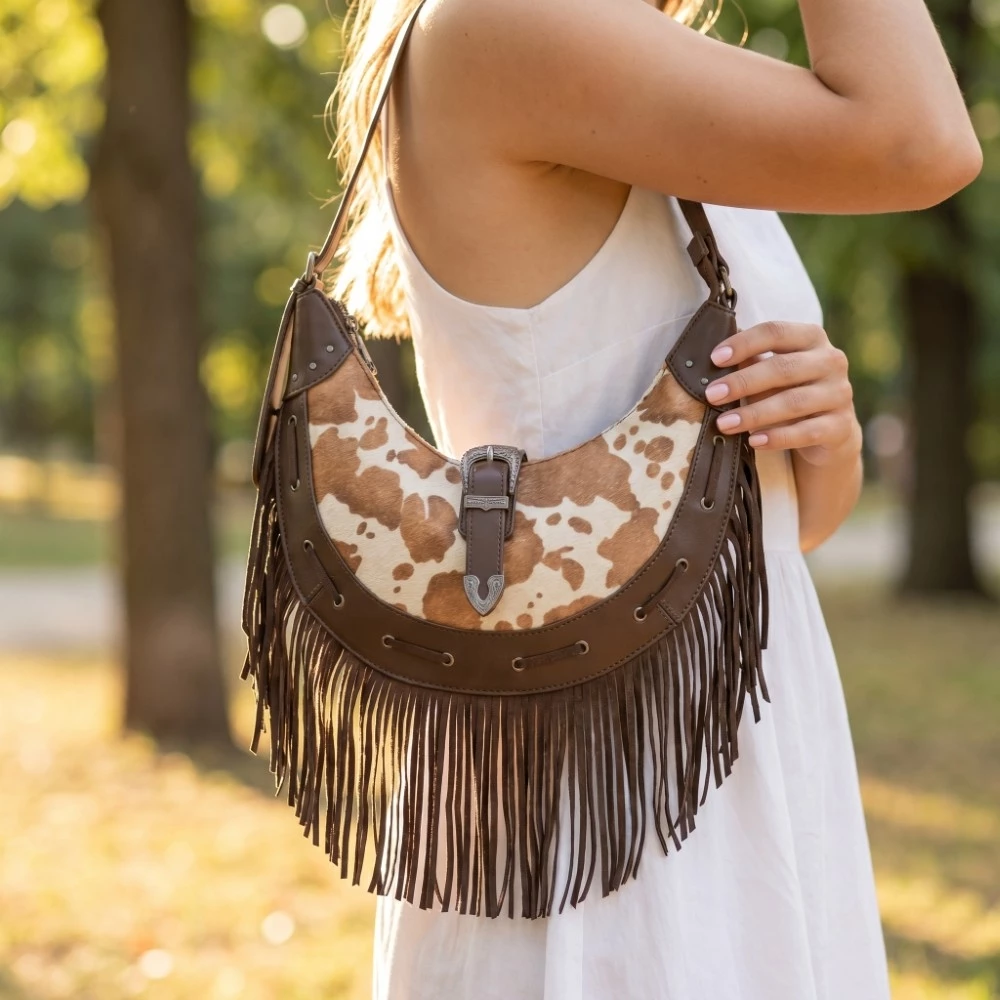 Cow Print Faux Leather Fringe Hobo Bag