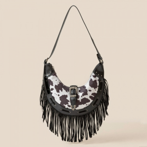 Cow Print Leather Fringe Hobo Bag