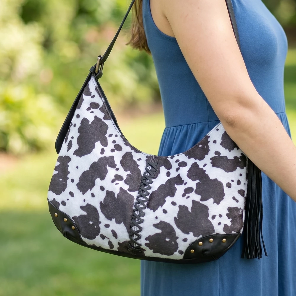 Cow Print Studded Fringe Shoulder Hobo Bag