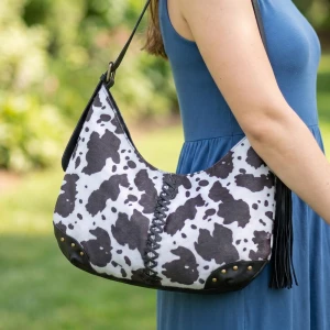 Cow Print Studded Fringe Shoulder Hobo Bag