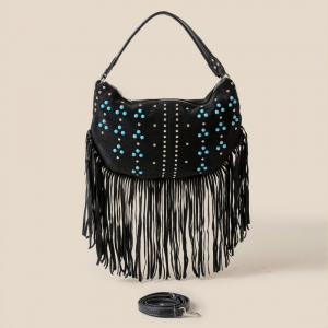 Turquoise Stone Studded Fringe Hobo Bag