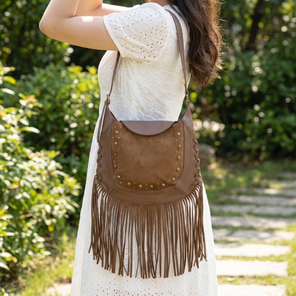Rivet Trim Suede Fringe Shoulder Bag