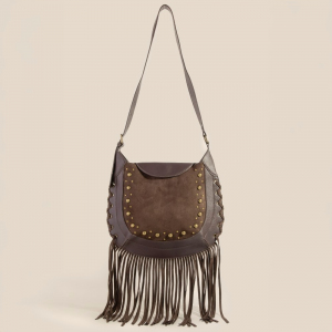 Rivet Trim Suede Fringe Shoulder Bag