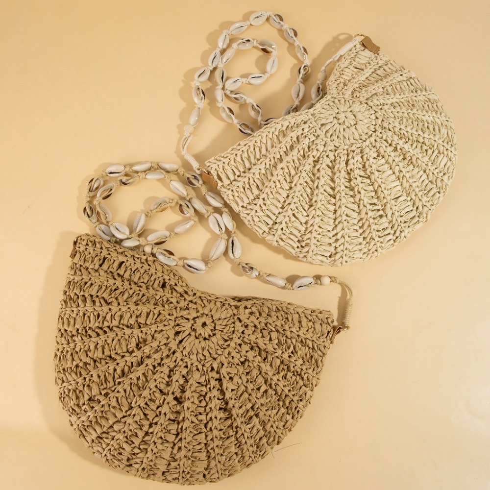 Cowrie Shell Strap Straw Braided Shoulder Bag
