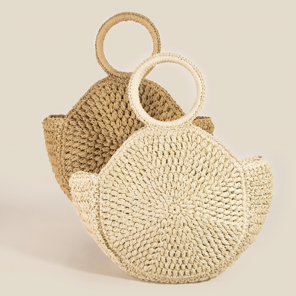 Circle Handle Circle Straw Braided Hand Bag