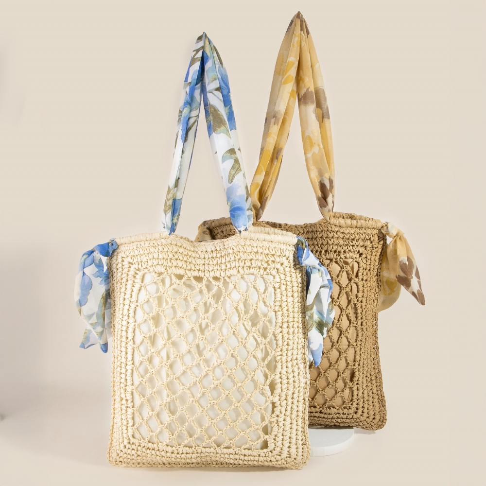 Tropical Bandana Strap Straw Braided Tote Bag