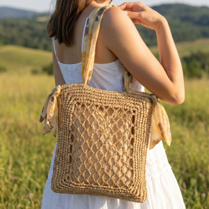 Floral Scarf Handle Open Weave Straw Tote Bag