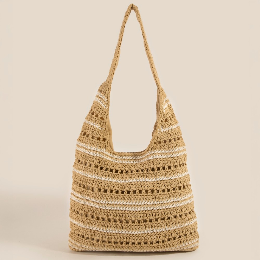 Two Tone Stripe Straw Tote Bag