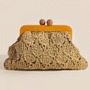 Straw Braided Wooden Frame Clutch Bag