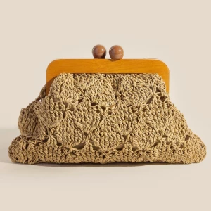 Straw Braided Wooden Frame Clutch Bag