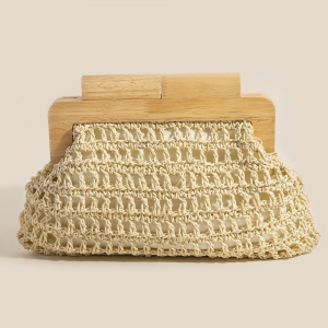 Straw Braided Wooden Top Frame Clutch Bag
