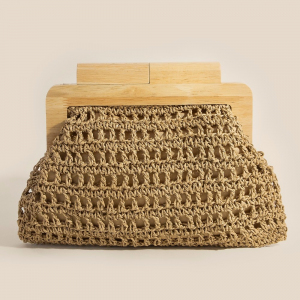 Straw Braided Wooden Top Frame Clutch Bag
