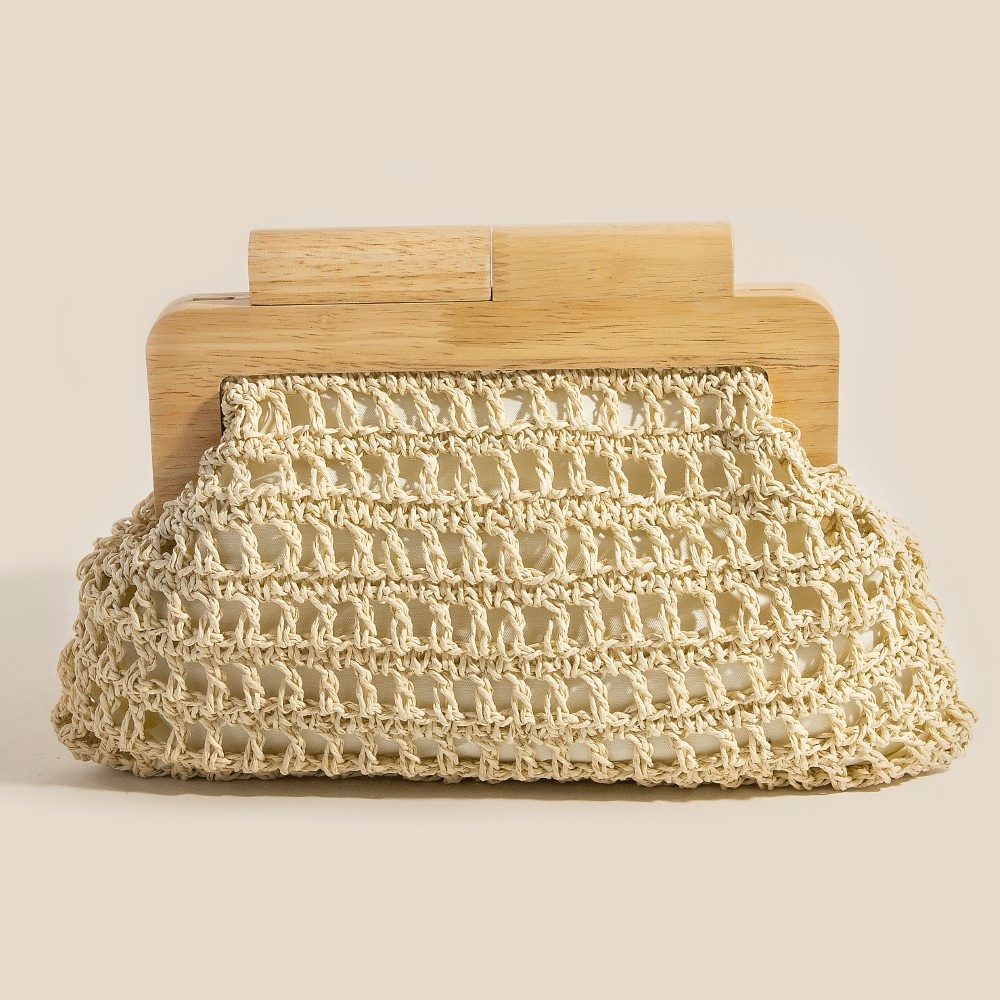 Straw Braided Wooden Top Frame Clutch Bag