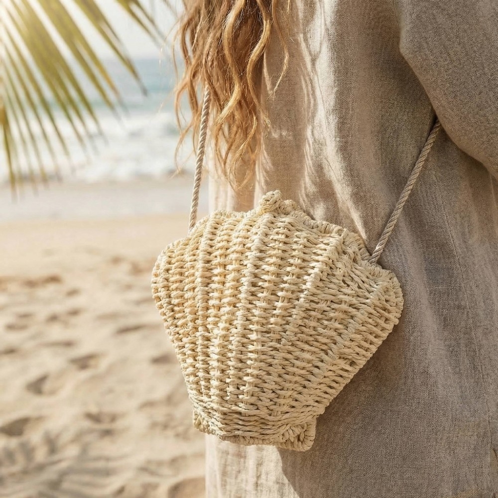 Straw Braided Seashell Hand Bag