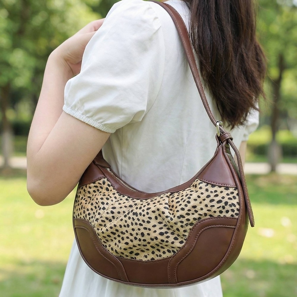 Spotted Leopard Print Half Moon Shoulder Bag