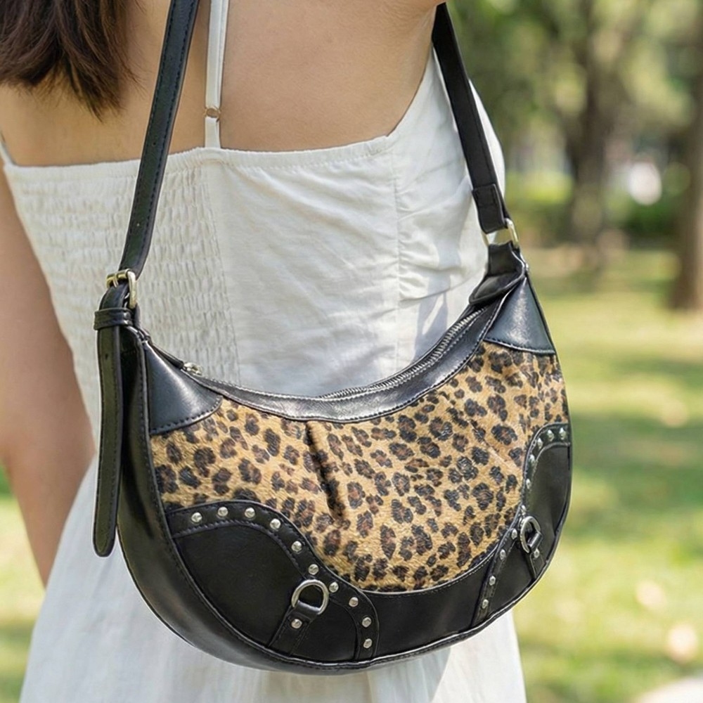 Dark Leopard Print Half Moon Shoulder Bag