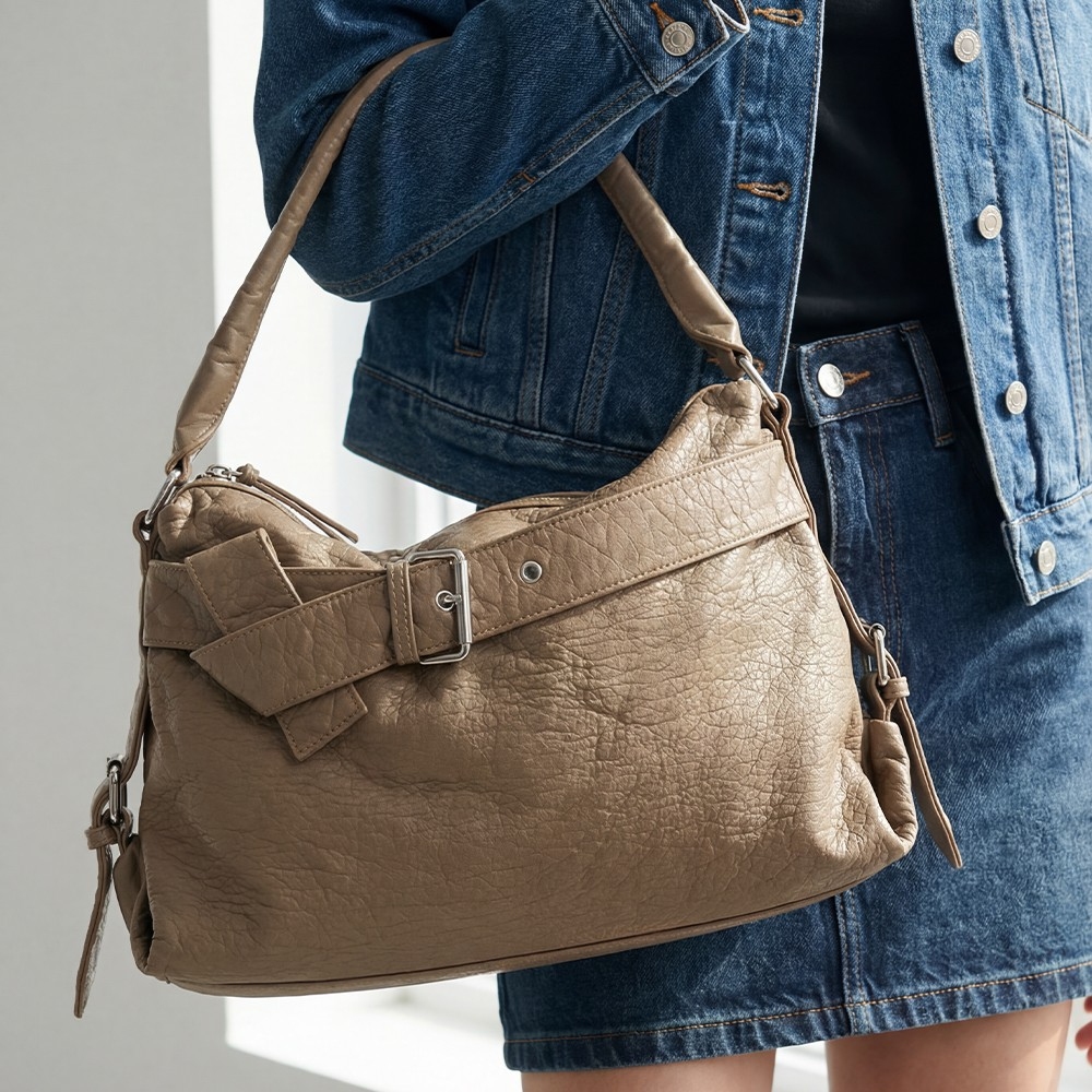 Buckle Strap Detail Leather Handbag