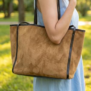 Suede Tote Leather Trim Shoulder Strap