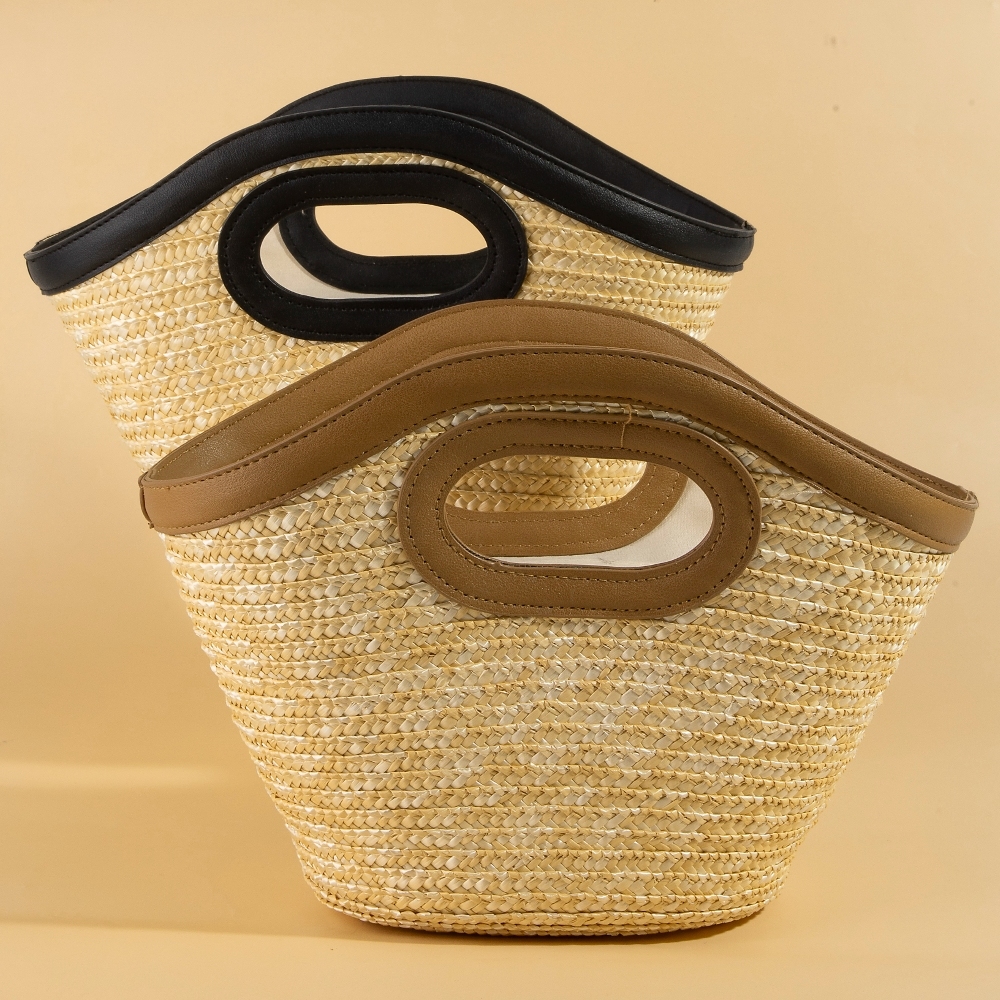 Leather Trim Straw Jute Bucket Bag