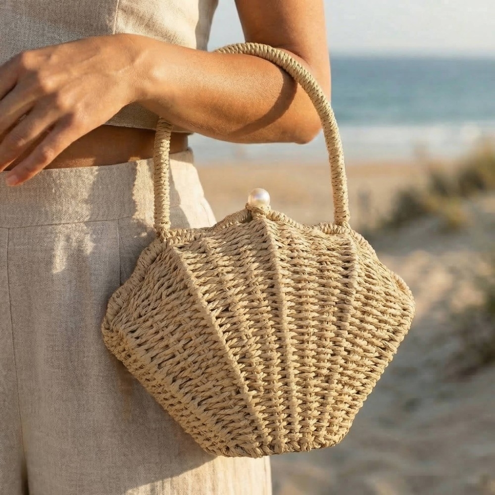 Straw Shell Shape Braided Top Handle Bag