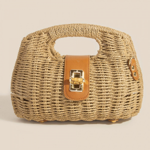 Leather Strap Accent Braided Hand Bag