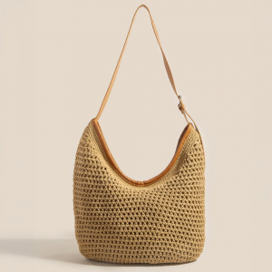 Straw Braided Leather Trim Shoulder Bag