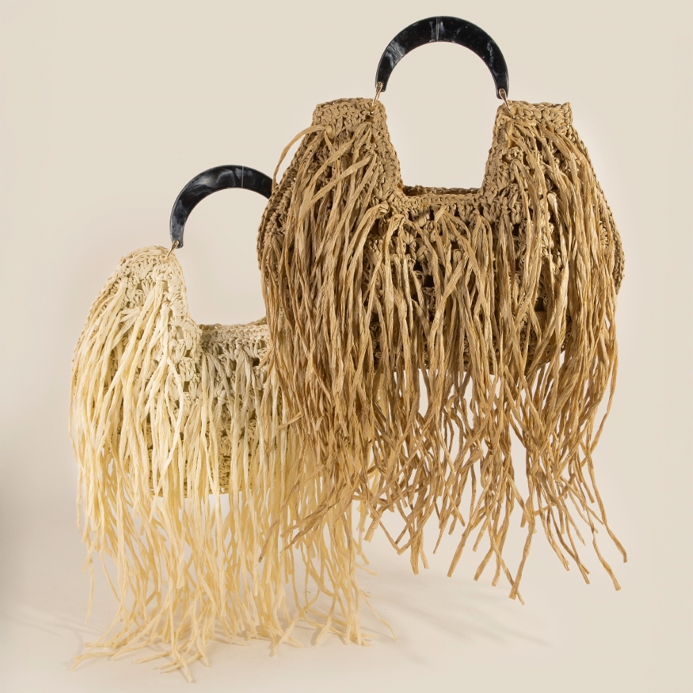 Marble Resin Handle Straw Weave And Fringe Shoulder Bag
