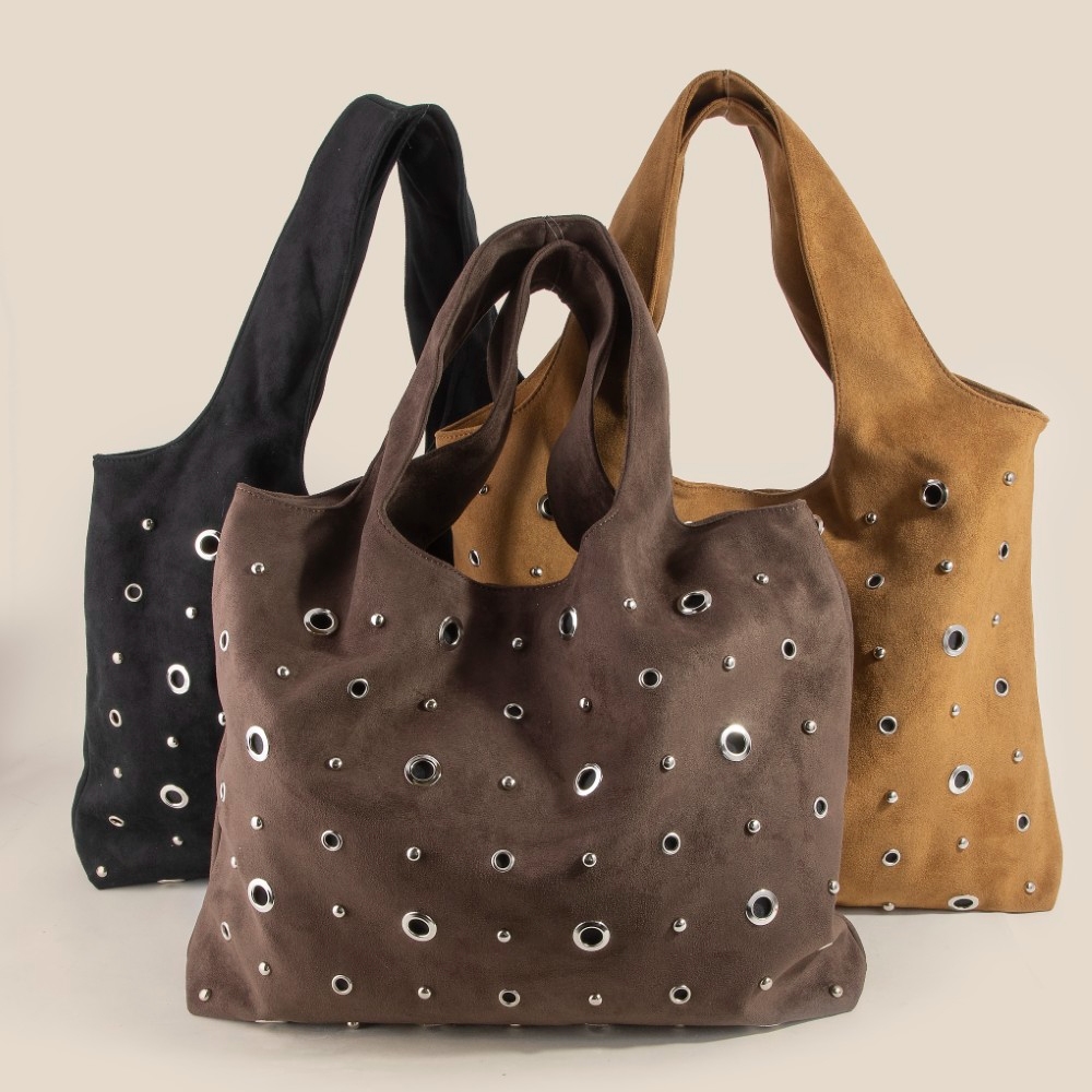 Large Grommeted Suede Shoulder Bag