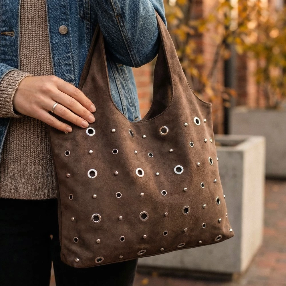 Large Grommeted Suede Shoulder Bag